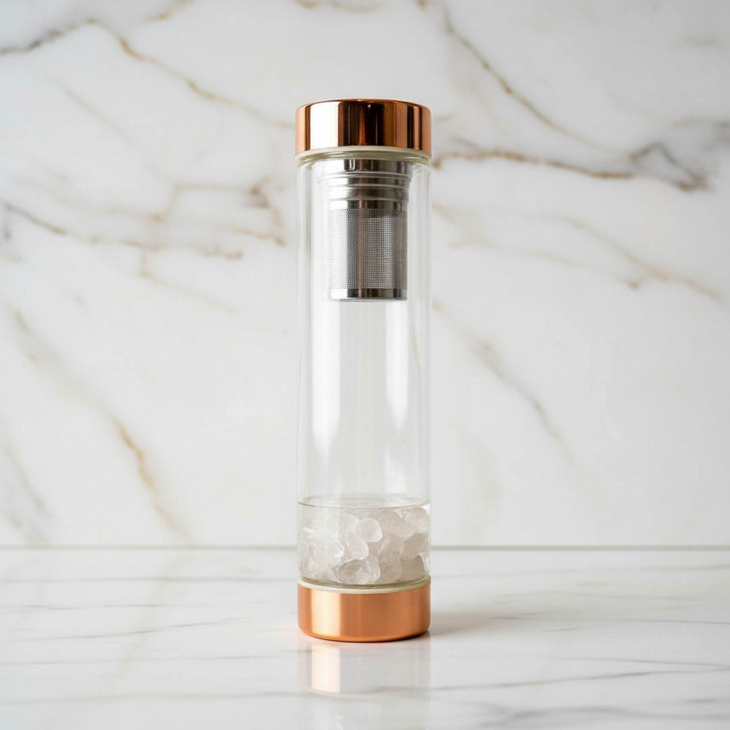 Bergkristall Glasflasche – Tee unterwegs mit Roségoldverschluss CrystalScents
