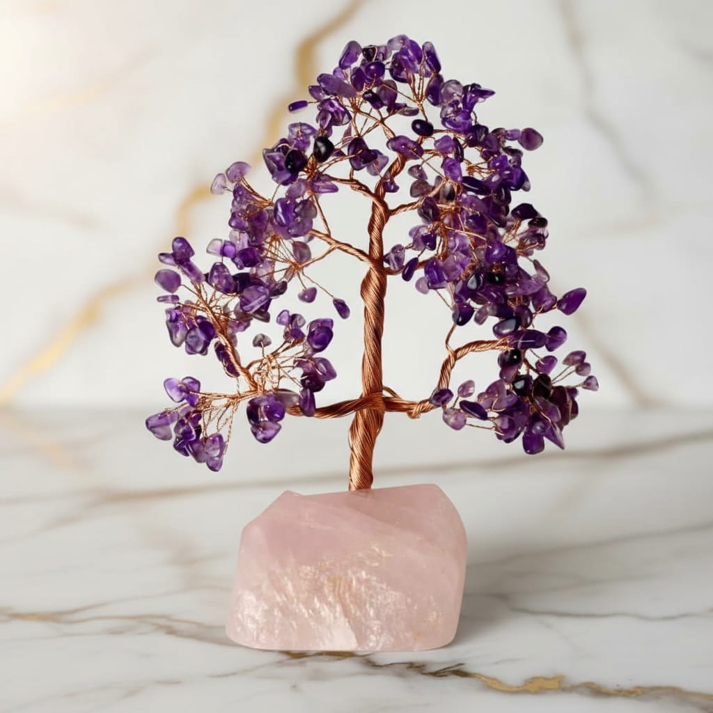 Amethyst Baum auf Rosenquarzrohstein – Harmonie & Balance CrystalScents