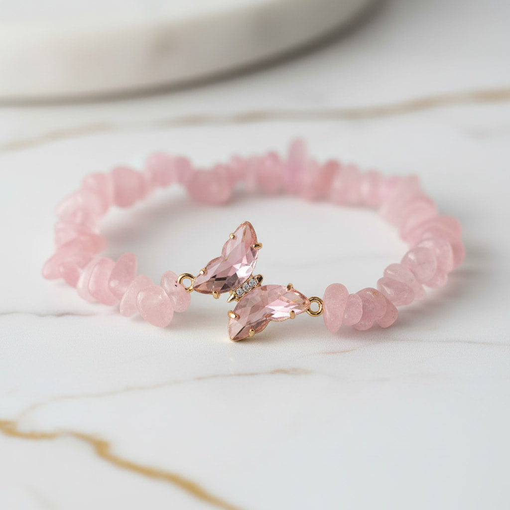 Rosenquarz Splitter Armband - Schmetterling