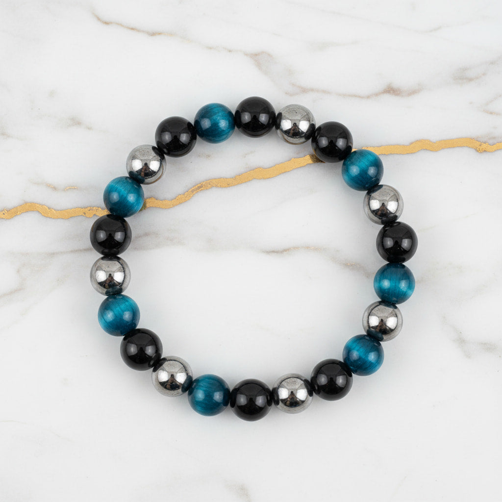 Obsidian, Hämatit & Blaues Tigerauge Armband - Wirkungstrio