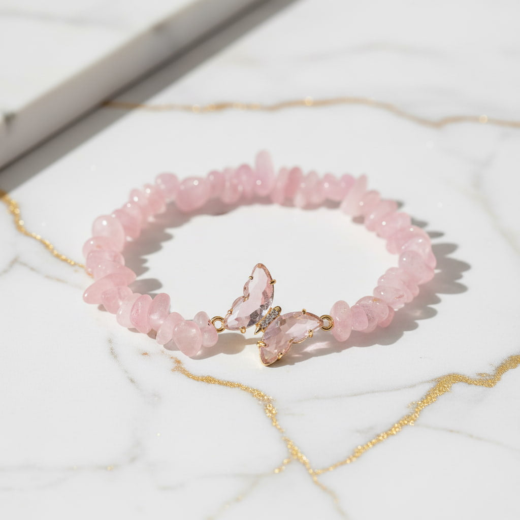 Rosenquarz Splitter Armband - Schmetterling