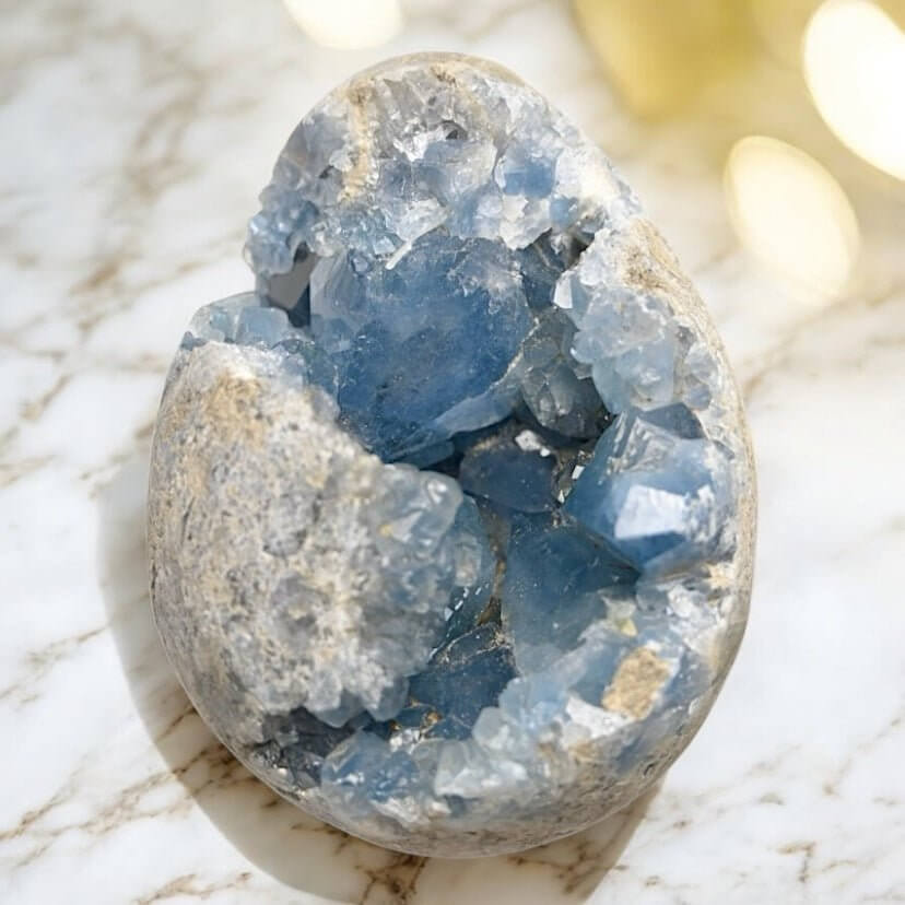 Ei aus himmelblauem Celestit-Cluster – Symbol für Harmonie, Neubeginn und Klarheit