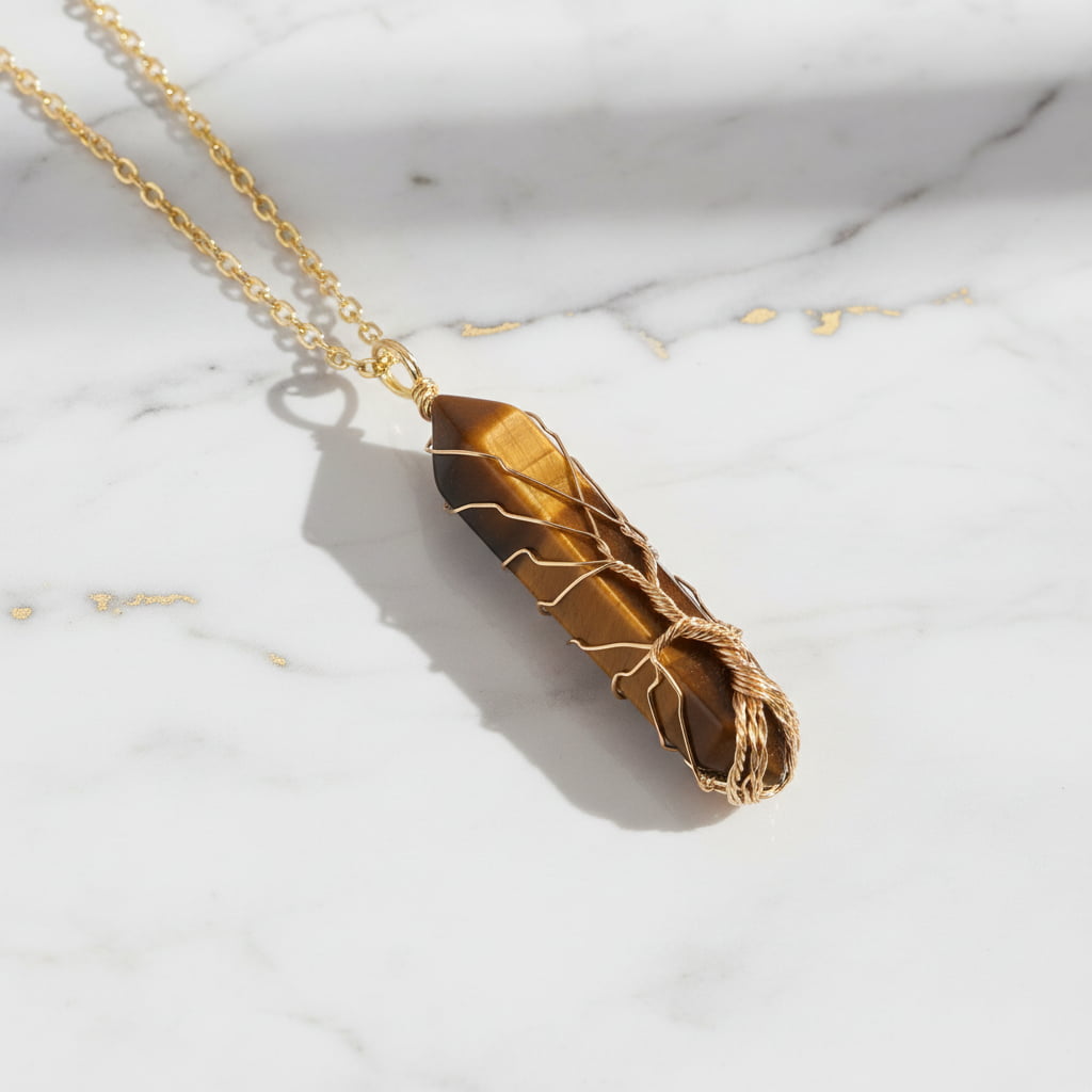 Tigerauge Halskette - Goldverzierter Doppelender CrystalScents