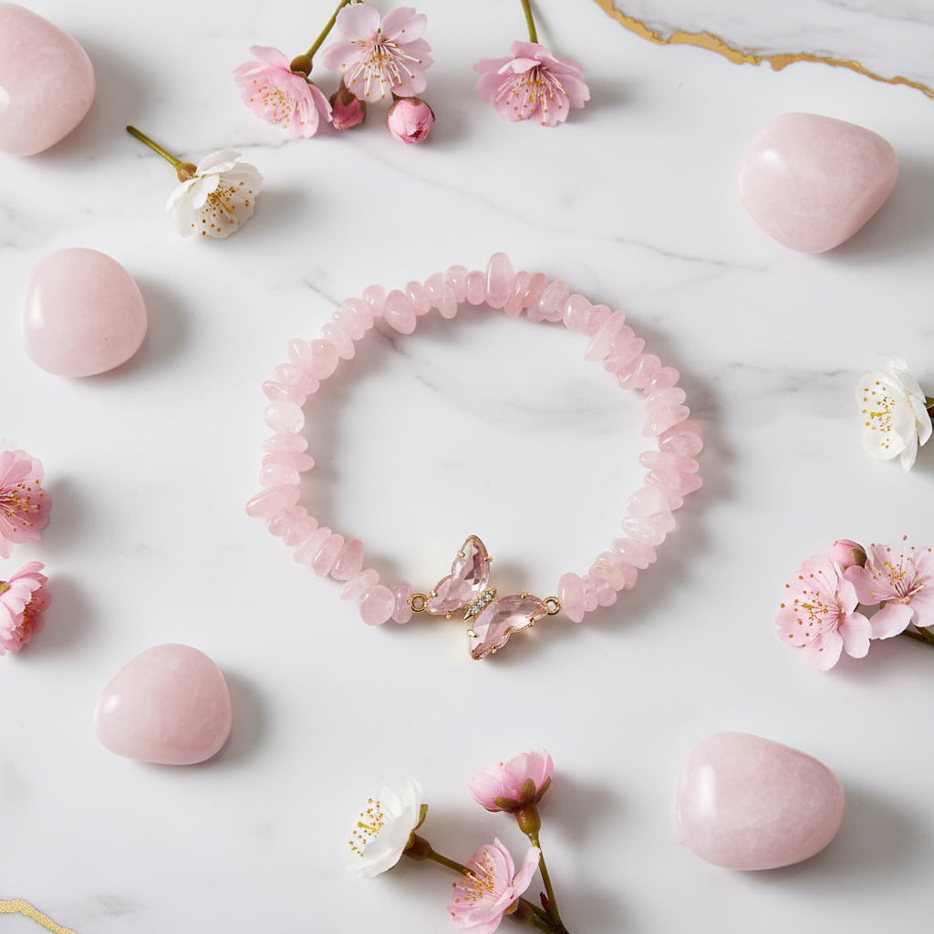 Rosenquarz Splitter Armband - Schmetterling