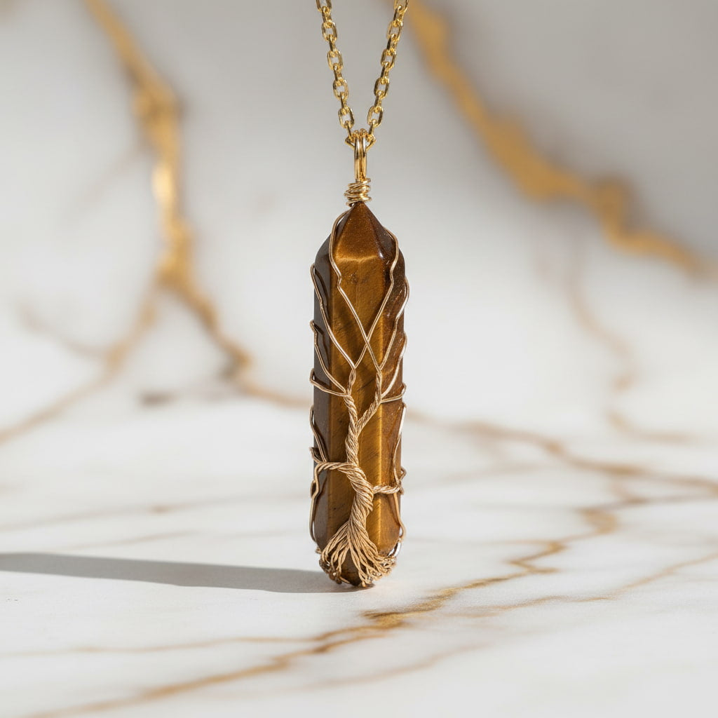 Tigerauge Halskette - Goldverzierter Doppelender CrystalScents