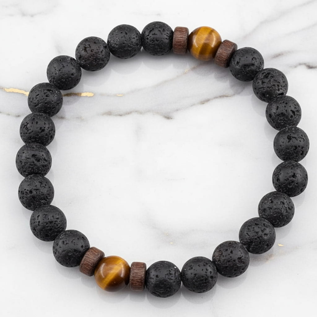 Tigerauge & Vulkanstein Kugelarmband