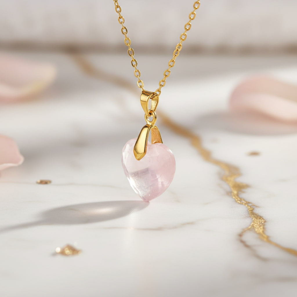 Goldene Halskette mit Edelsteinherz-Anhänger; Rosenquarz CrystalScents