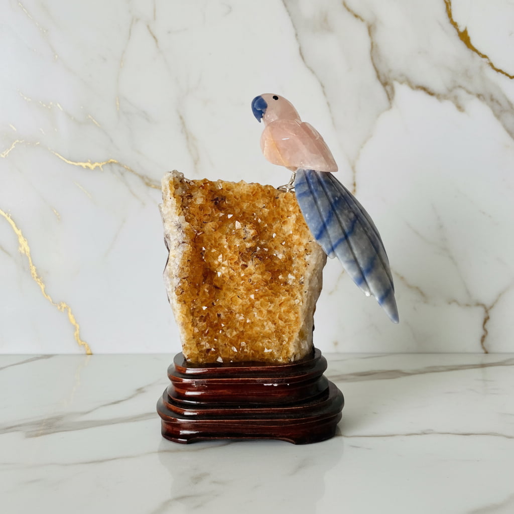 Citrin Druse mit Rosenquarz Vogel CrystalScents