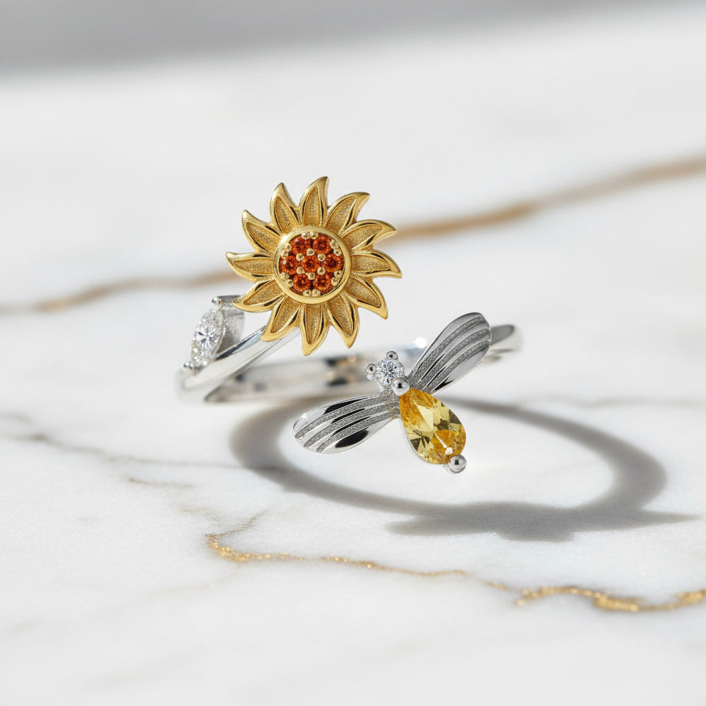Ring offen Silber mit drehbarer Blume & Biene CrystalScents