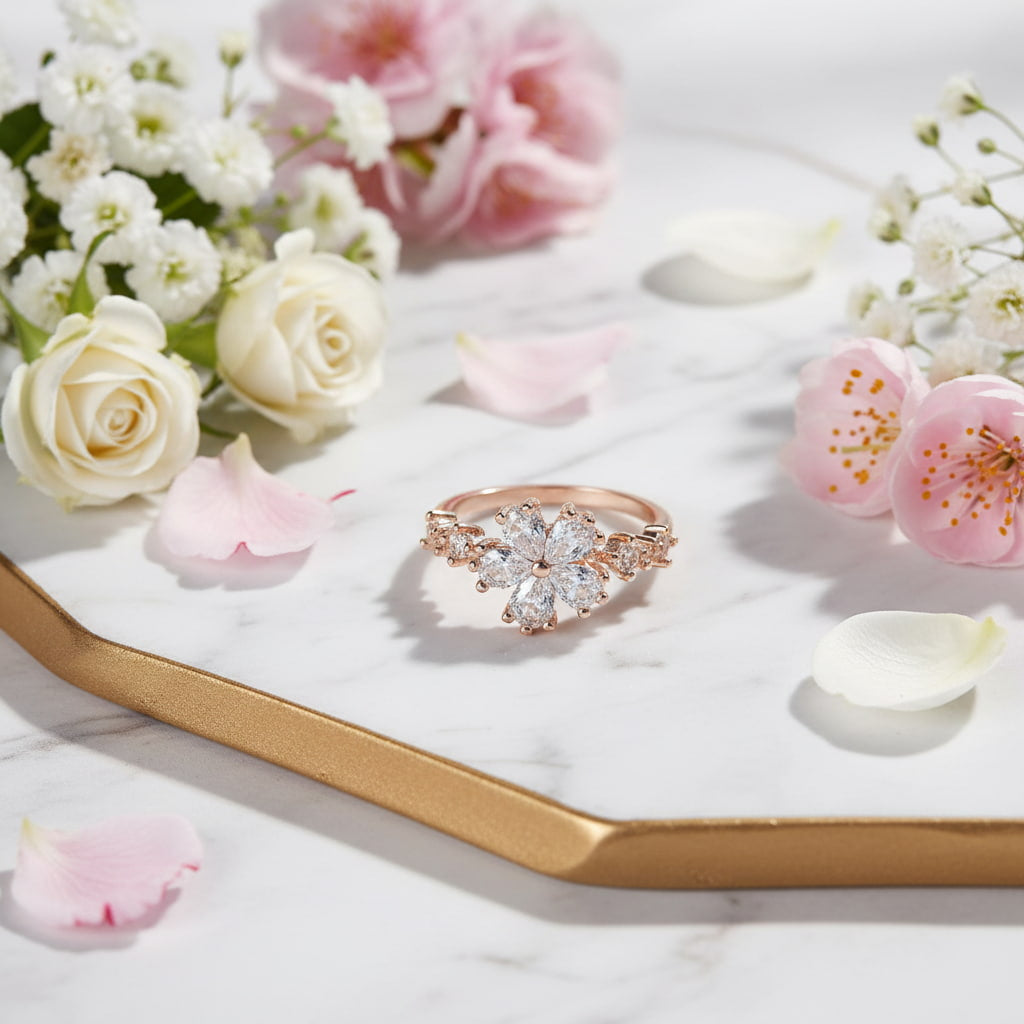 Ring in Roségold mit strahlender Blumenverzierung CrystalScents