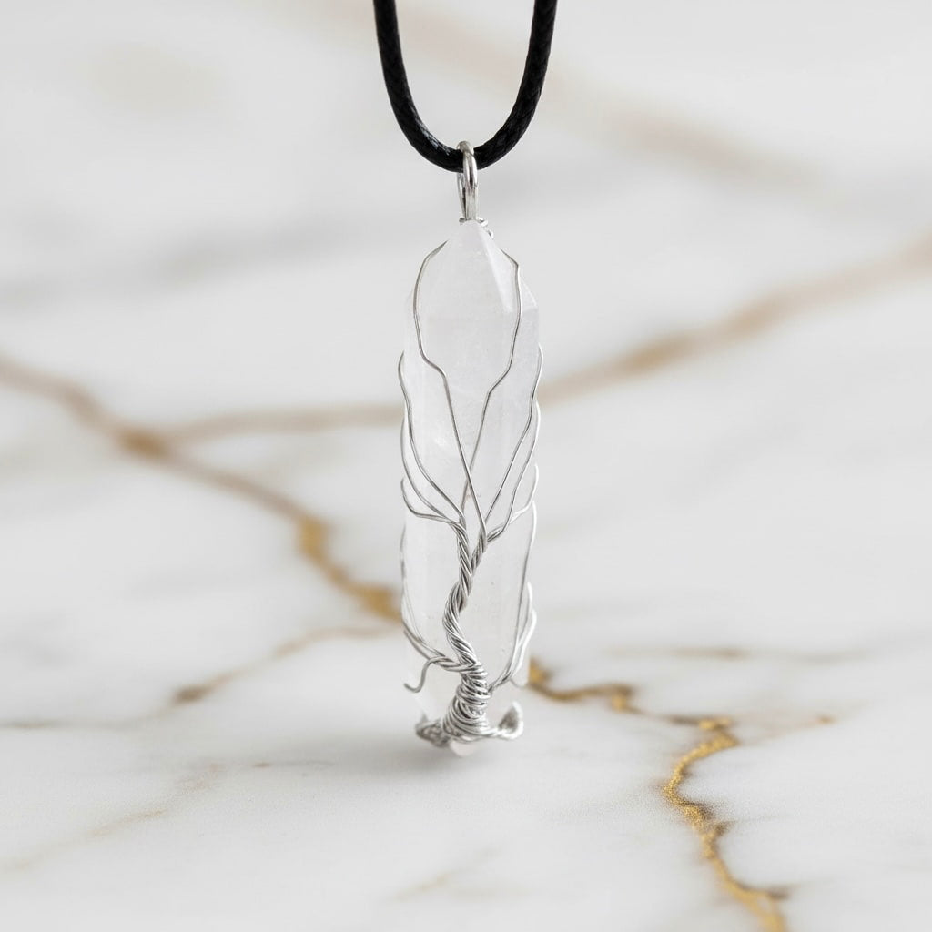 Bergkristall Halskette - Silberverzierter Doppelender