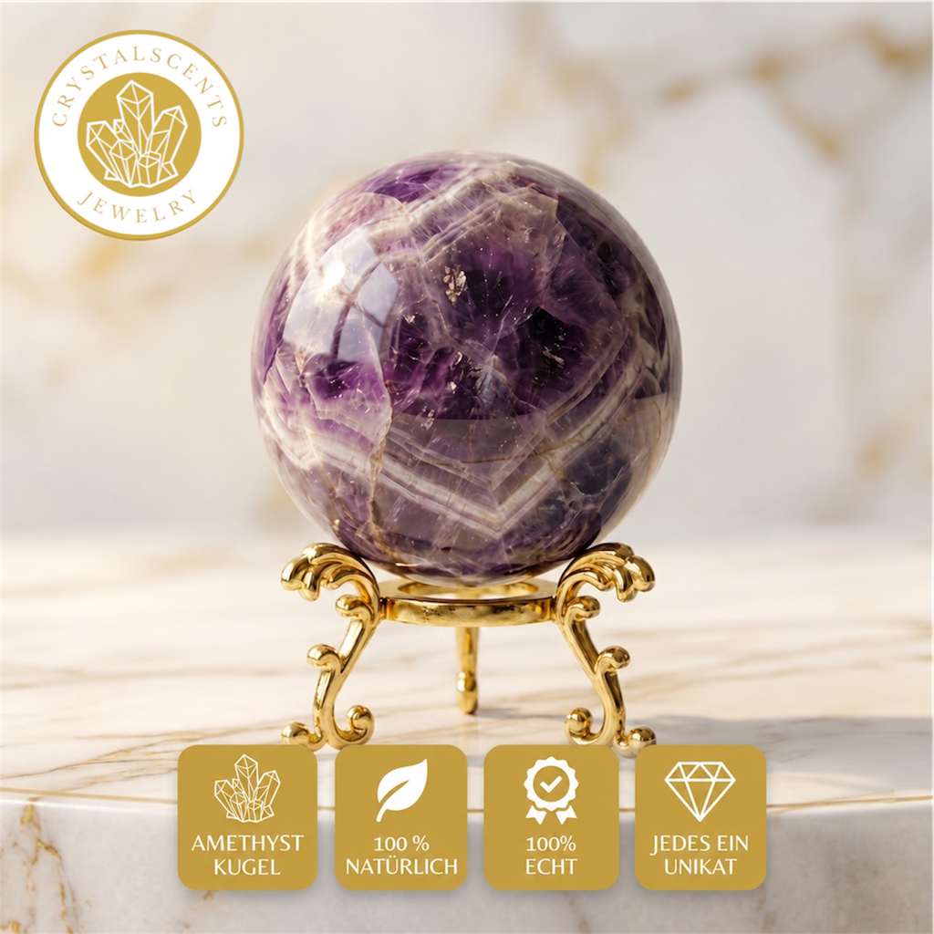 Amethyst Kugel (5-6 cm) inkl. goldenem Aufsteller – Unikat der Natur