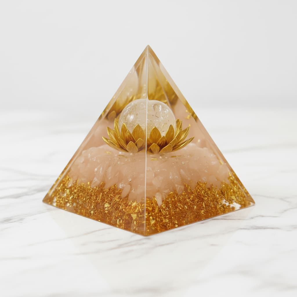 Rosenquarz Orgonit Pyramide - Goldener Lotus CrystalScents