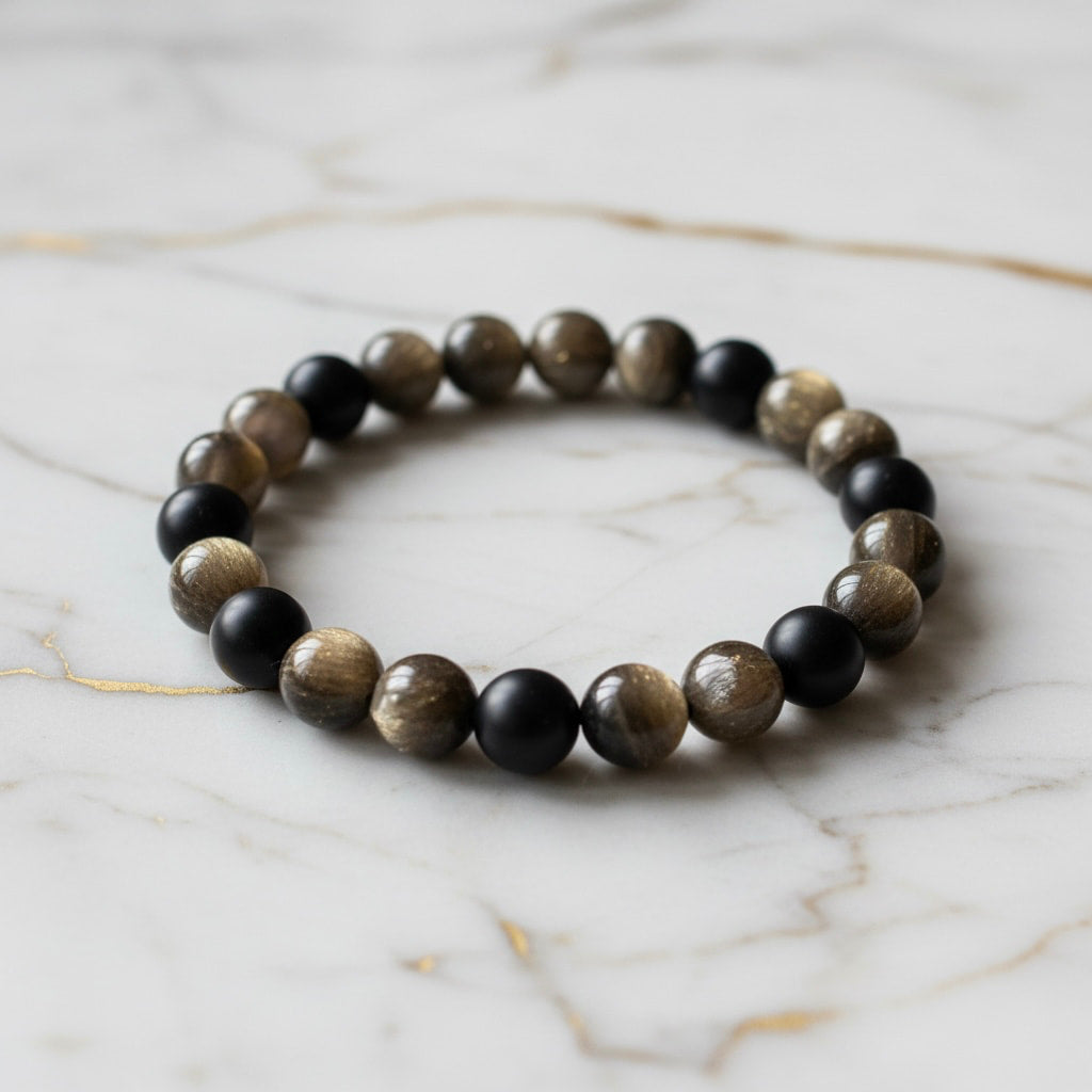 Gold-Obsidian Kugelarmband – Schwarz mit goldenem Schimmer