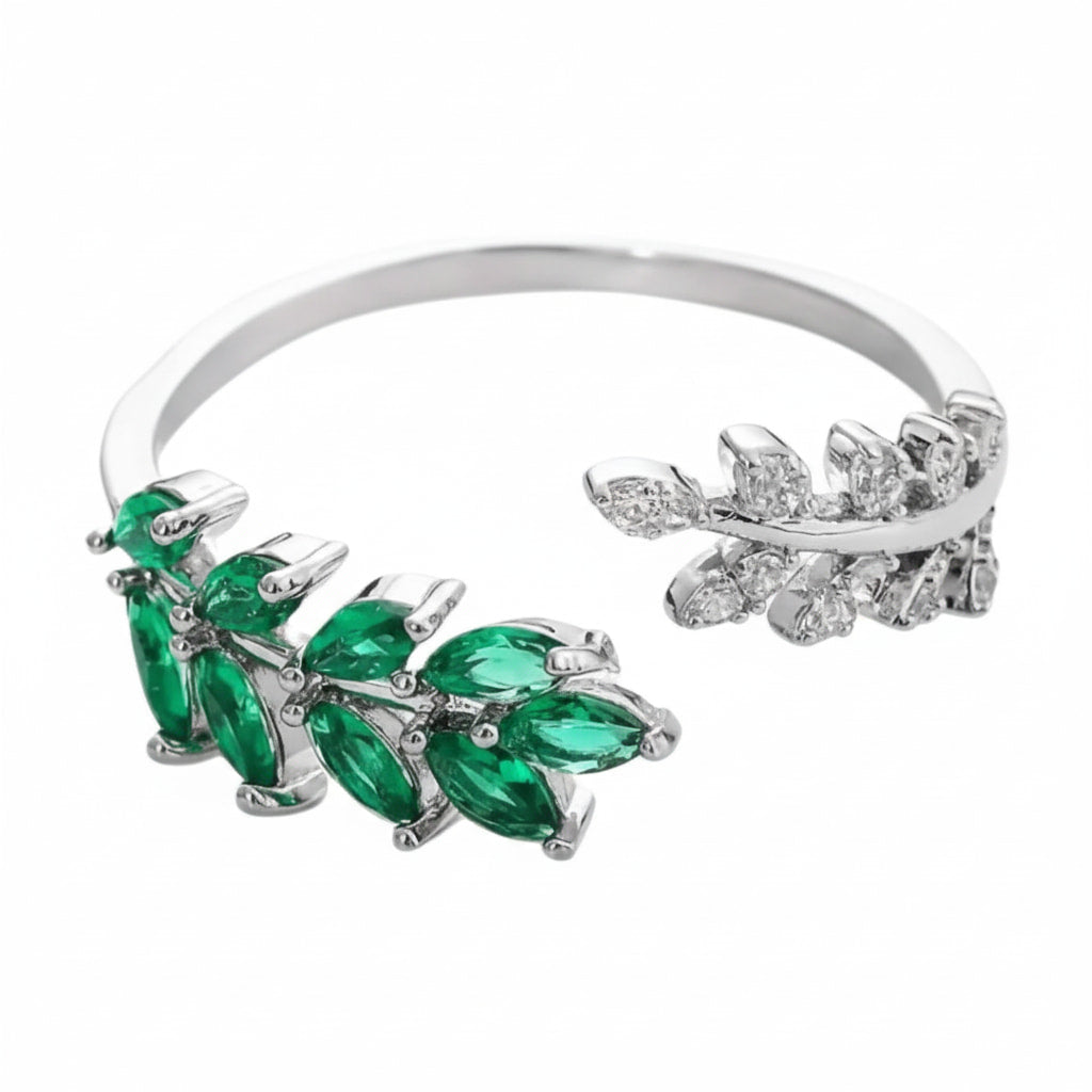 Ring Silber mit offenem Blatt-Design in Grün CrystalScents