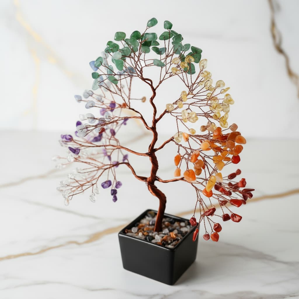 Chakra Baum – Schwarze Keramik mit Edelsteinen CrystalScents