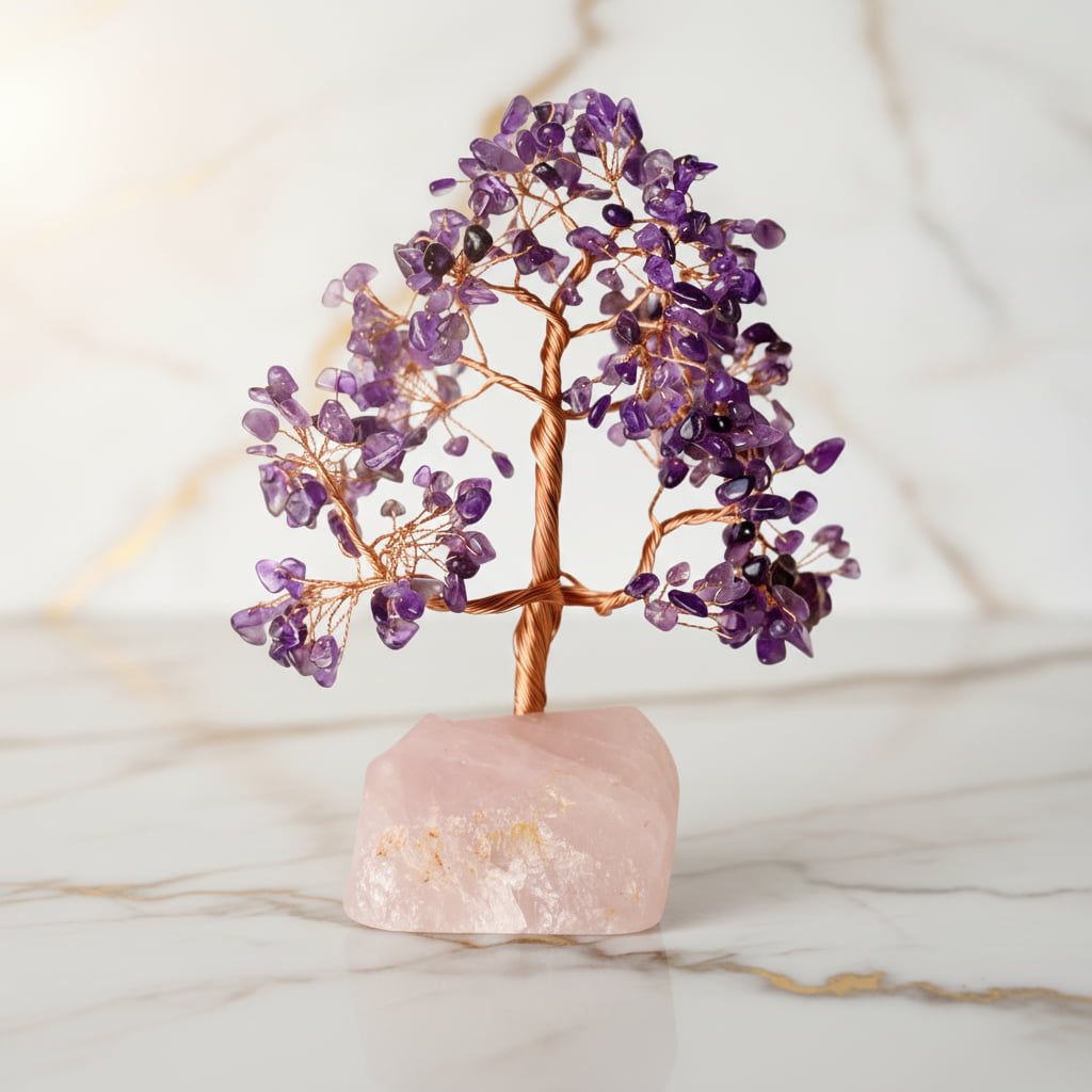 Amethyst Baum auf Rosenquarzrohstein – Harmonie & Balance CrystalScents