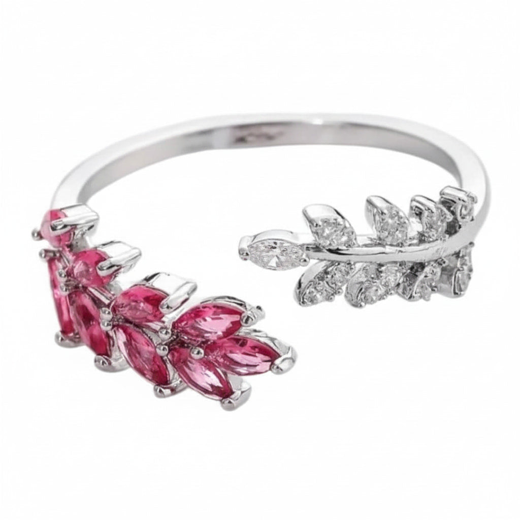 Ring in Silber mit offenem Blatt-Design in Rot CrystalScents