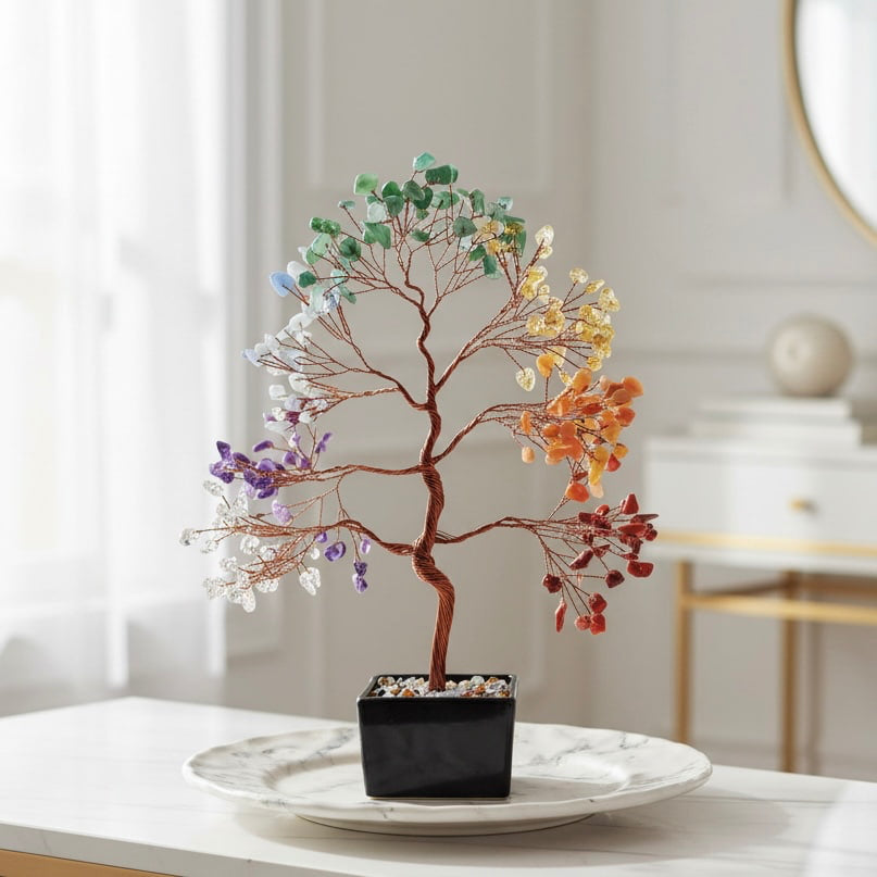 Chakra Baum – Schwarze Keramik mit Edelsteinen CrystalScents