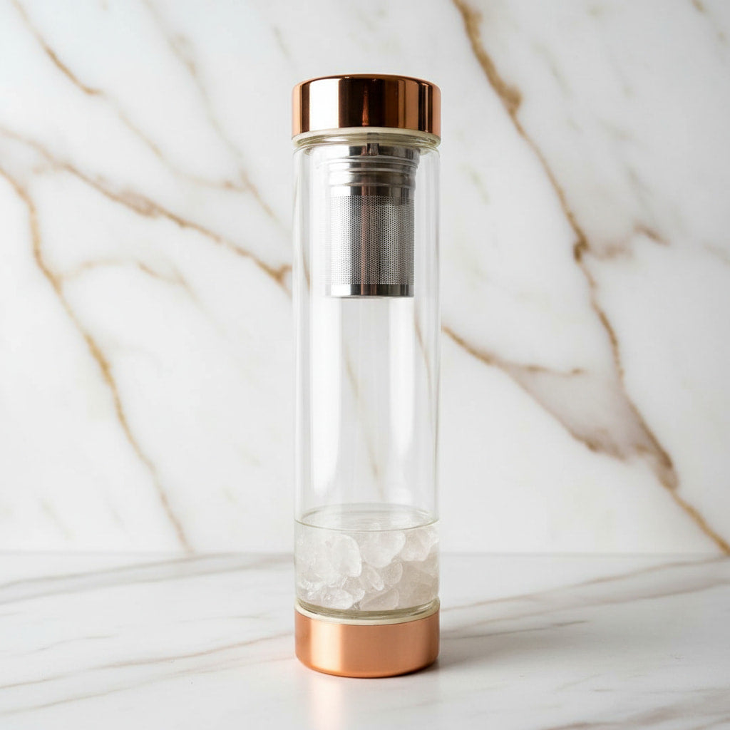 Bergkristall Glasflasche – Tee unterwegs mit Roségoldverschluss CrystalScents