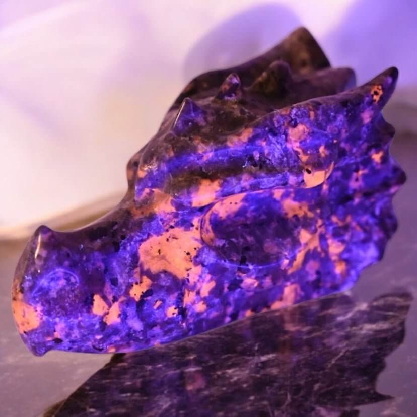 Flammenstein Drachenkopf – Lebendige Skulptur mit UV-reaktiver Farbwirkung