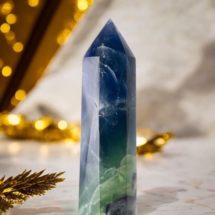 Dreifarbiger Fluorit Obelisk – dekorativer Edelstein für Wohn- oder Arbeitsbereich