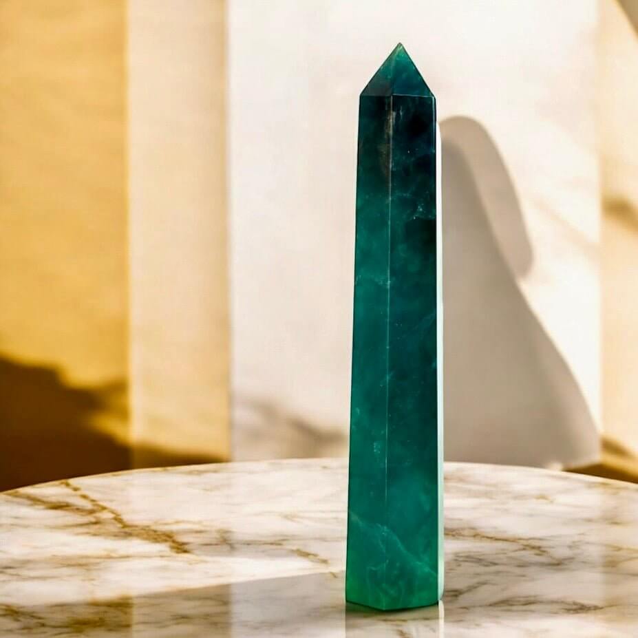 Natürlicher Fluorit Obelisk in Grün – harmonisches Highlight für Wohnräume