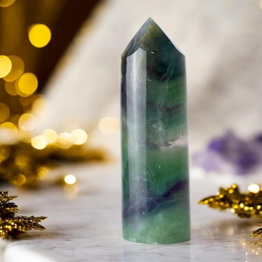 Runder Fluorit Obelisk – kraftvolles Dekorstück mit intensiver Farbstruktur