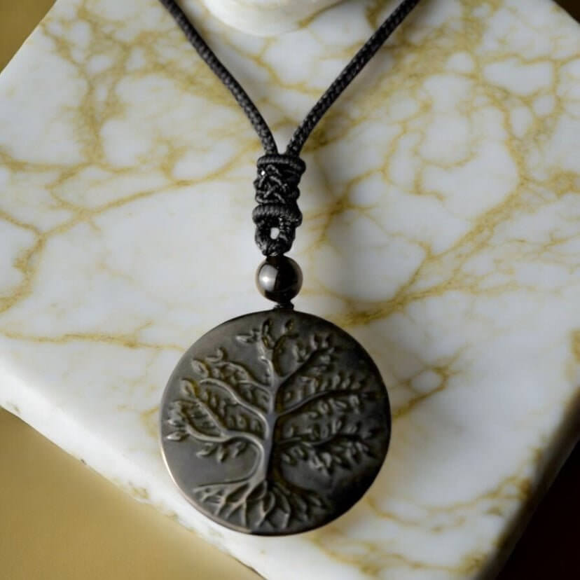 Halskette mit Gold Obsidian Anhänger „Baum des Lebens“