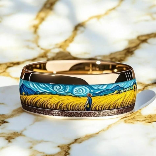 Goldener Ring mit Weizenfeld - Kunst für den Finger