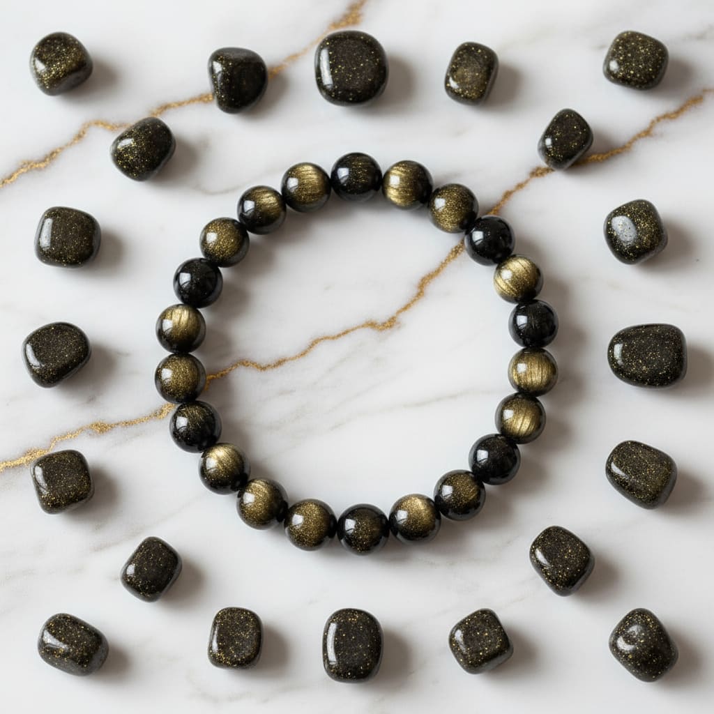 Gold-Obsidian Kugelarmband – Schwarz mit goldenem Schimmer