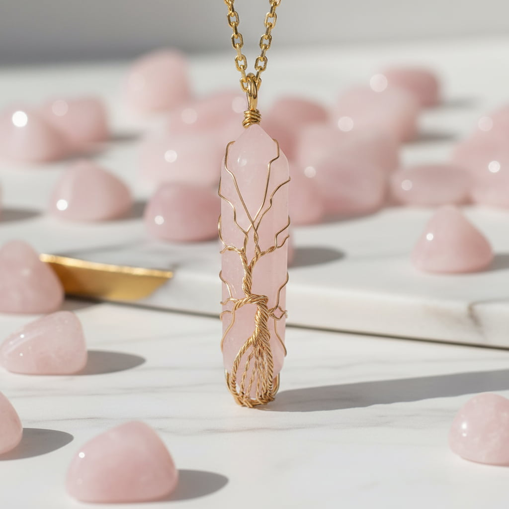 Rosenquarz Halskette - Goldverzierter Doppelender CrystalScents