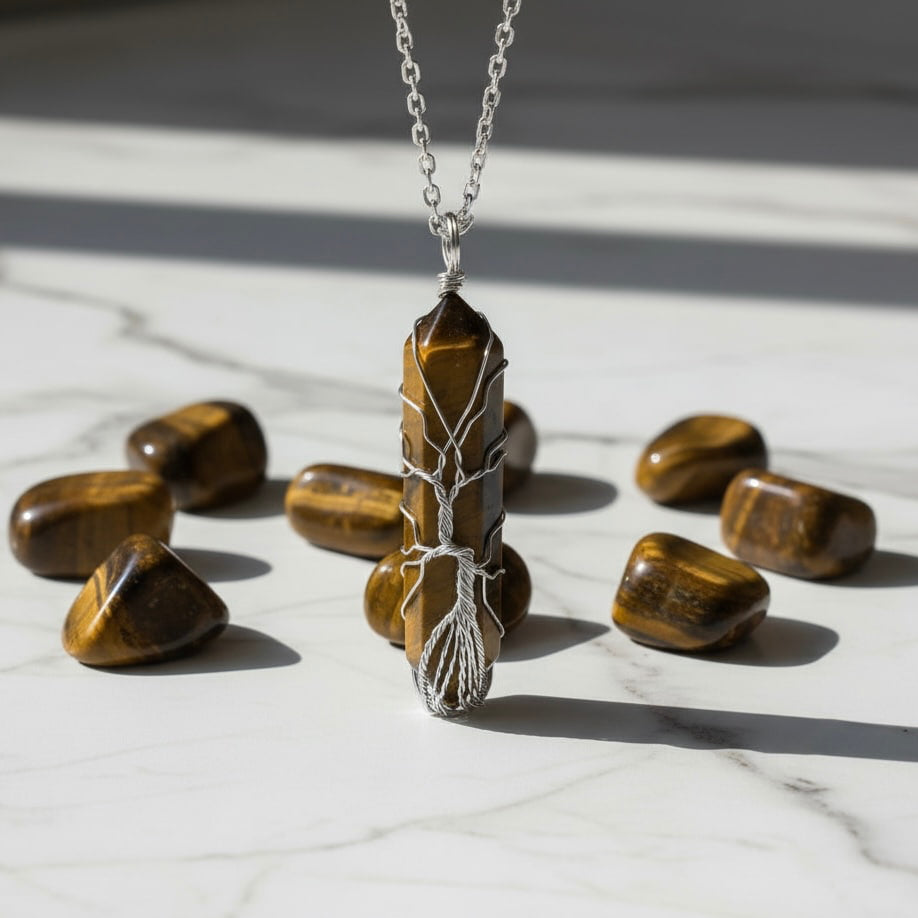 Tigerauge Halskette - Goldverzierter Doppelender CrystalScents