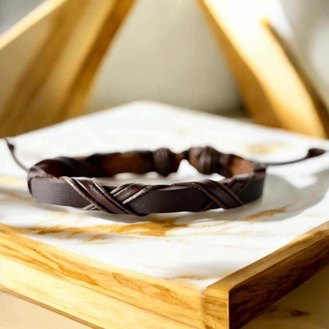 Verstellbares dunkelbraunes Lederarmband mit gekreuzten Schnüren