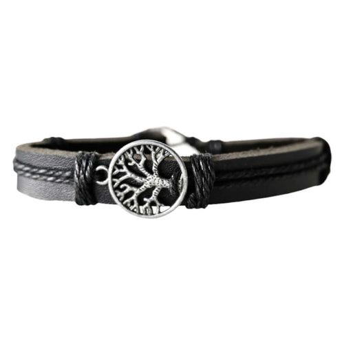 Verstellbares schwarzes Lederarmband mit Baumelement