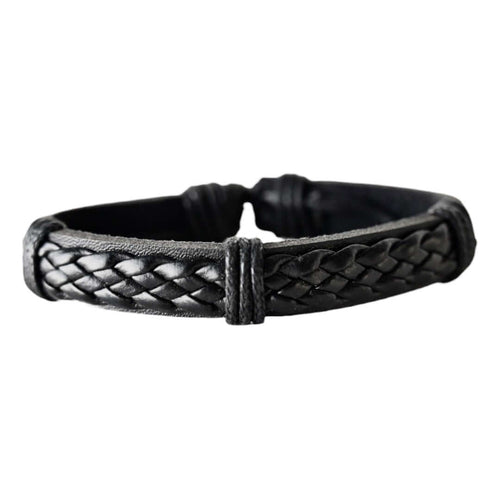 Verstellbares schwarzes Lederarmband mit Flechtelement