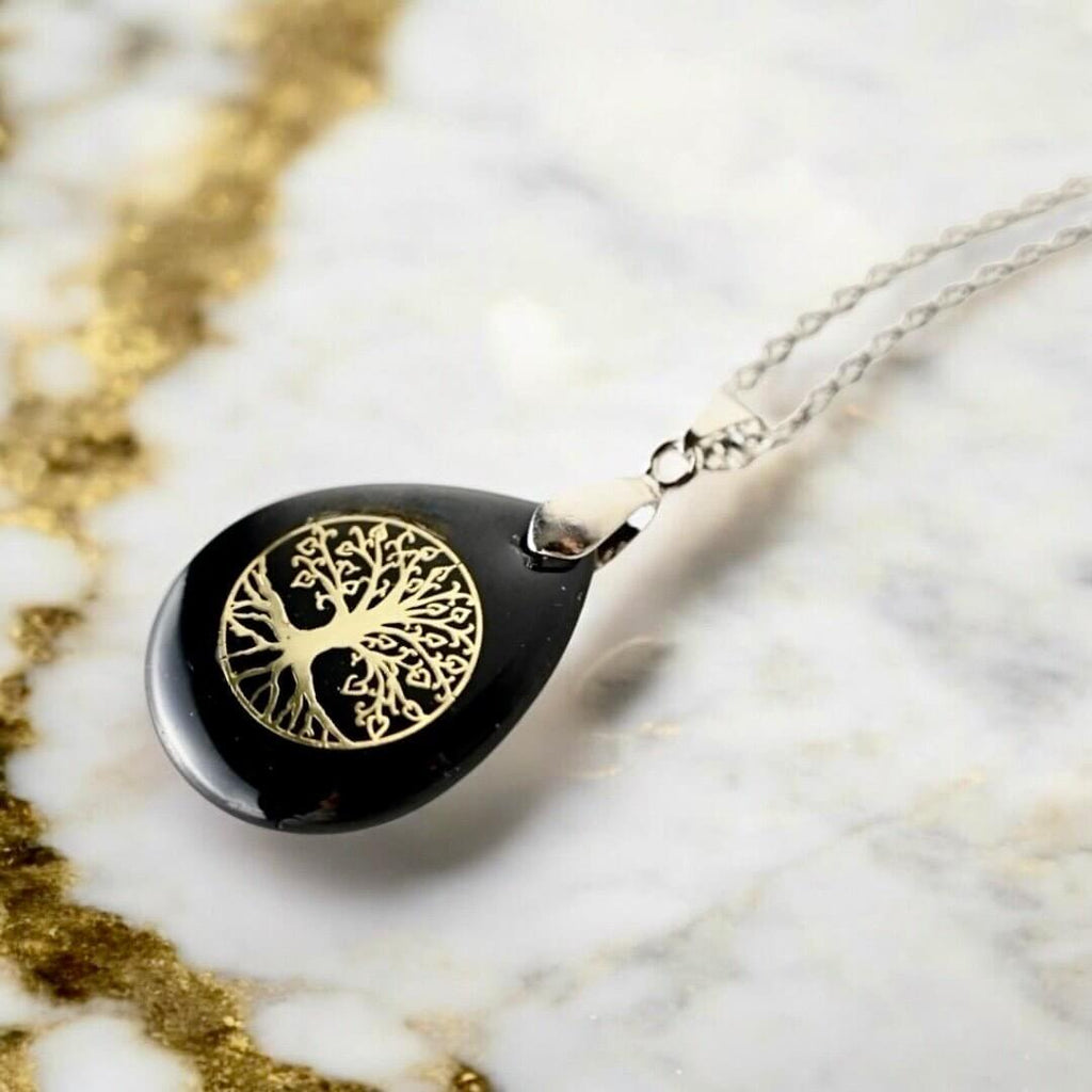 Halskette mit tropfenförmigen Obsidian „Baum des Lebens“