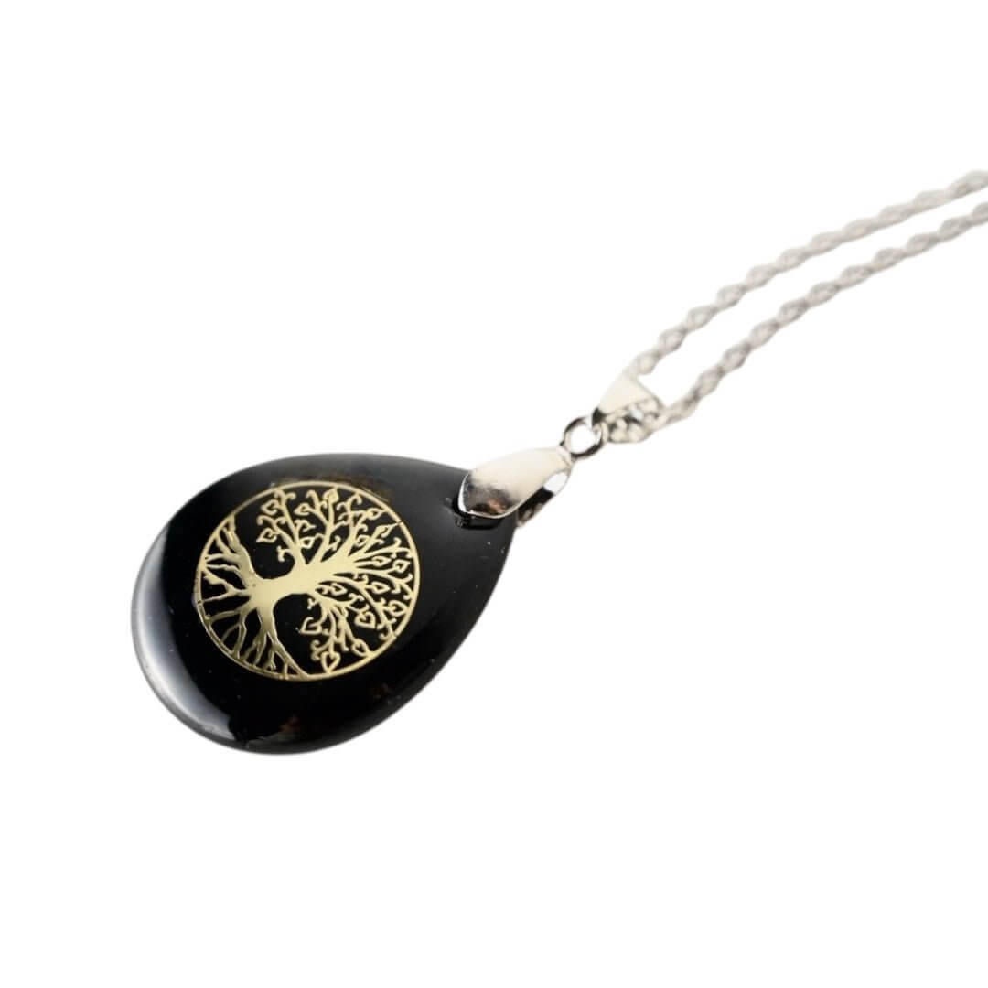 Halskette mit tropfenförmigen Obsidian „Baum des Lebens“