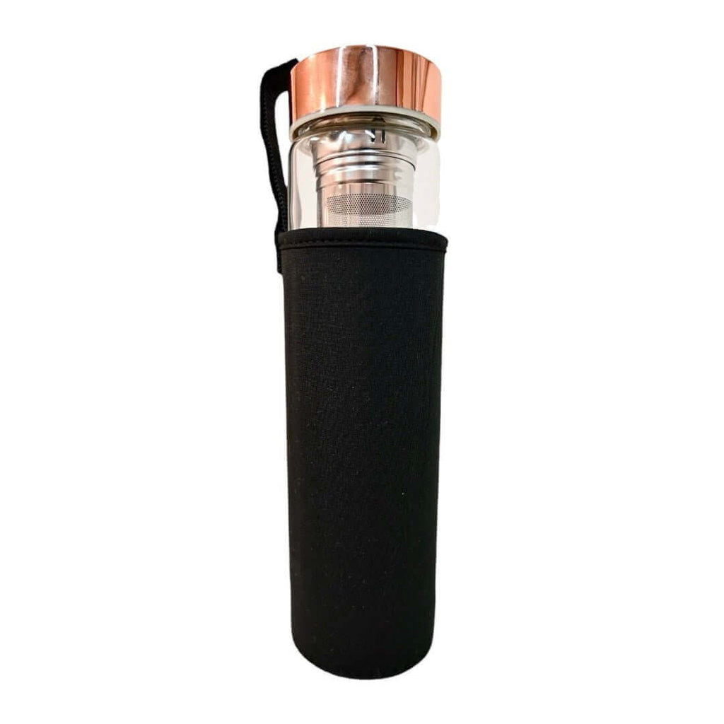 Elegante Glasflasche mit Obsidian & roségoldenem Verschluss – perfekt für Tee unterwegs