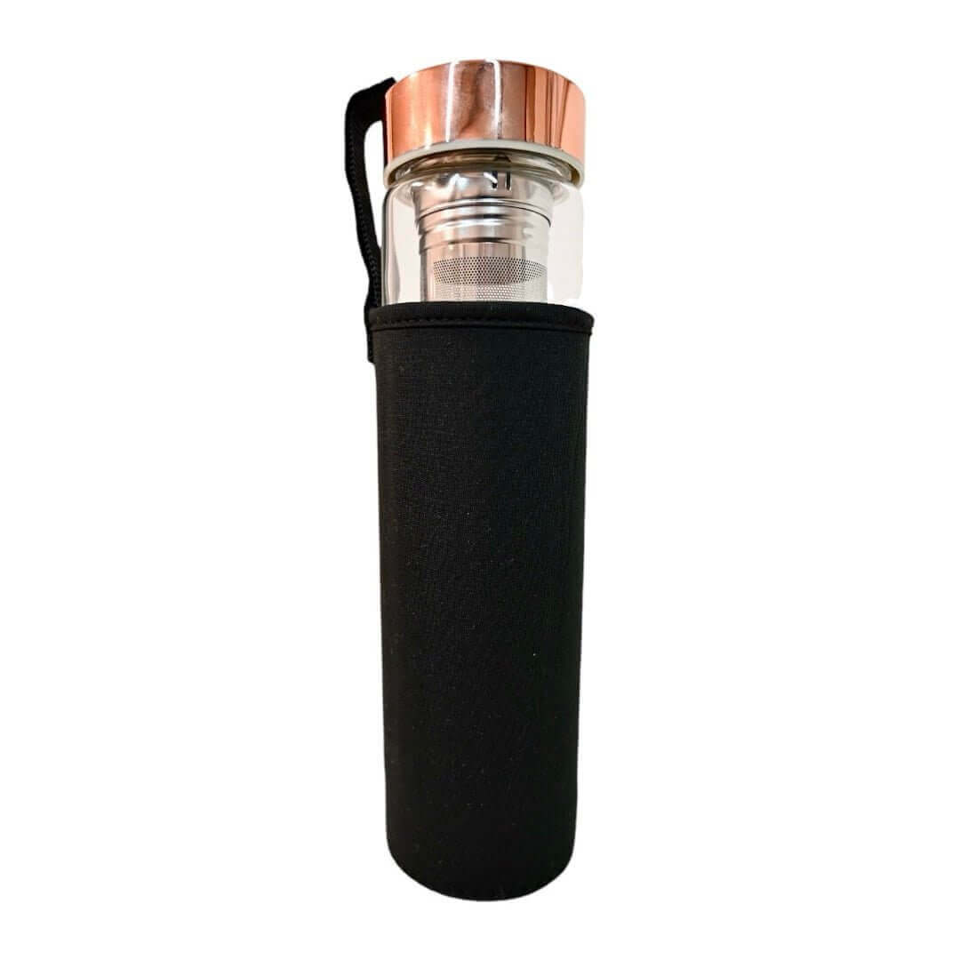 Elegante Glasflasche mit Obsidian & roségoldenem Verschluss – perfekt für Tee unterwegs