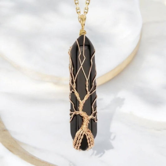 Goldene Halskette mit goldverziertem Obsidian Doppelender