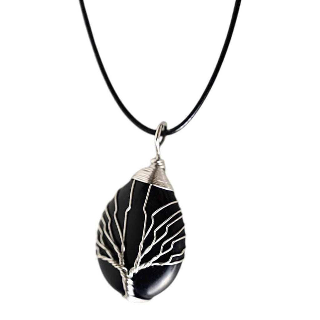 Halskette mit tropfenförmigem Obsidian, Silber