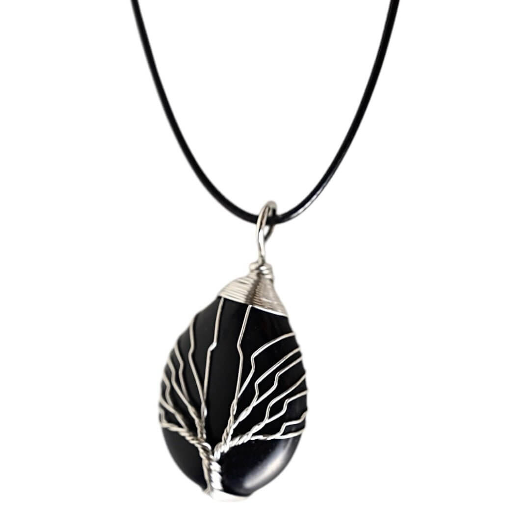 Halskette mit tropfenförmigem Obsidian, Silber