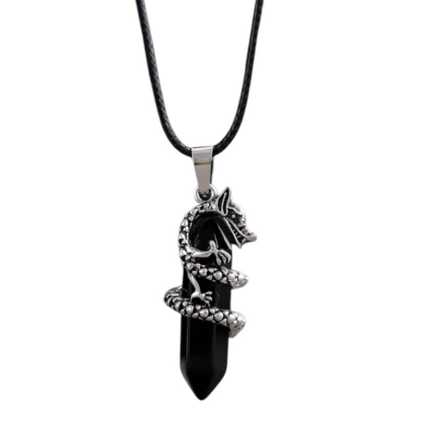 Schwarze Halskette mit Obsidian Doppelender, Drache – ausdrucksstarkes Naturkunstwerk für Stärke