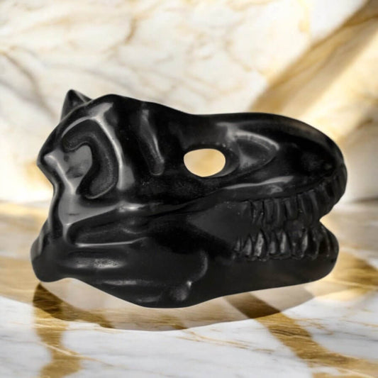 T-Rex Kopf aus Obsidian – Ausdrucksstarkes Kristallobjekt voller Energie