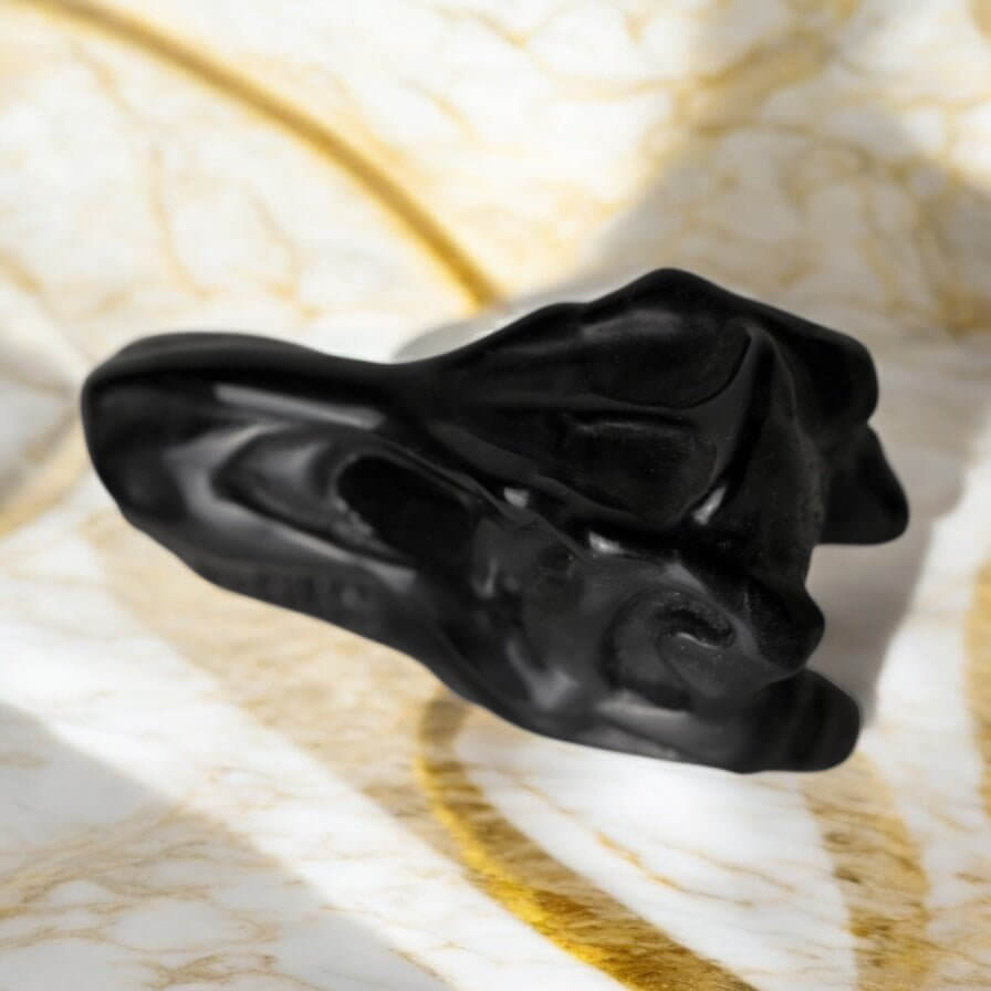 T-Rex Kopf aus Obsidian – Ausdrucksstarkes Kristallobjekt voller Energie