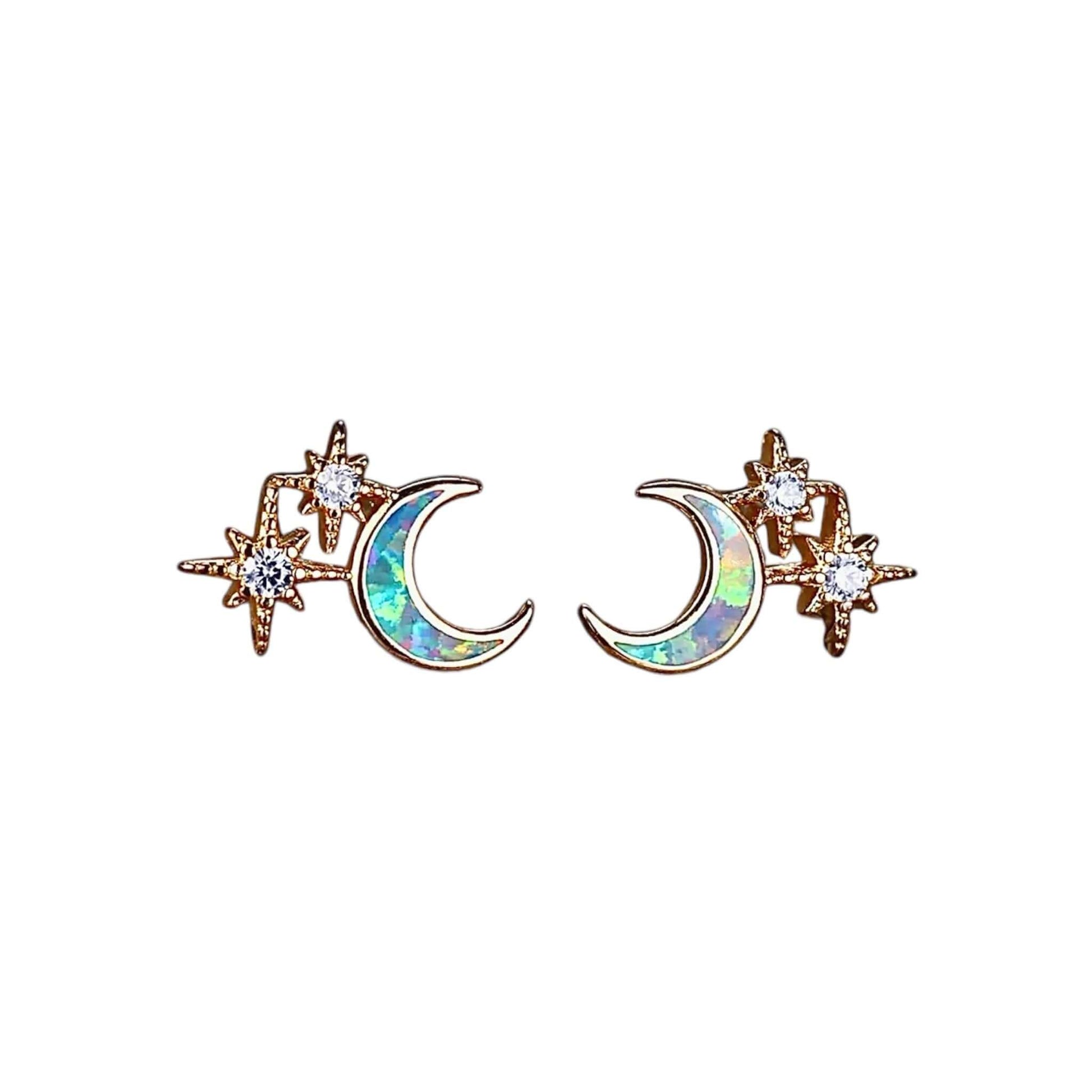 Funkelnde goldene Ohrstecker mit mondförmigem Opal und Sternen