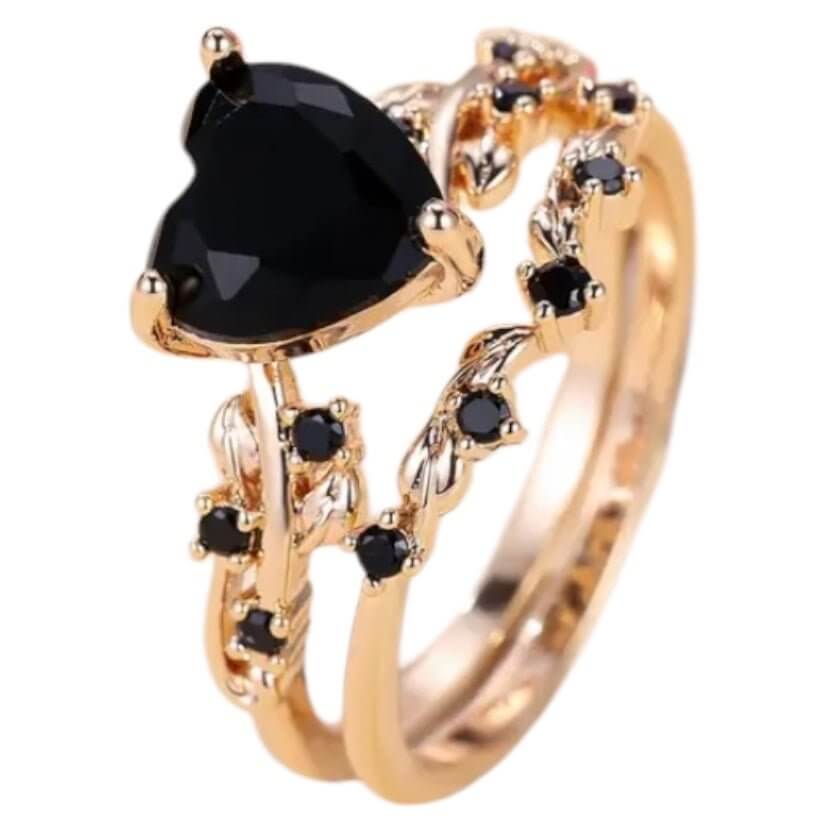 Zarter 2-teiliger Ring mit schwarzem Herz – dekoratives Stacking-Accessoire für Alltag und Anlass