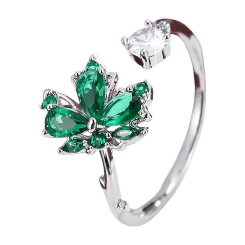 Eleganter offener Ring in Silber mit Blattdetail – funkelndes Highlight in frischem Grün