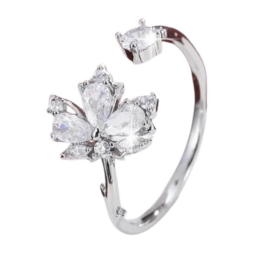 Eleganter offener Ring in Silber mit Blattdetail – funkelndes Highlight in Weiß